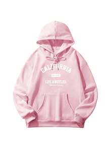 Women's Hooded Sweatshirt, Autumn/Winter New Graphic & Letter Print, Drawstring Design, With Pockets, Casual Versatile Loose Fit Top, Fashion Fall - Light Pink - View 3