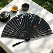 優雅復古中日風竹製摺扇附流蘇，便攜式夏季手扇，適用於婚禮、派對、送友禮物、開學季，夏季降溫與居家裝飾，黑白花卉圖案設計 - 多色 - 查看 3