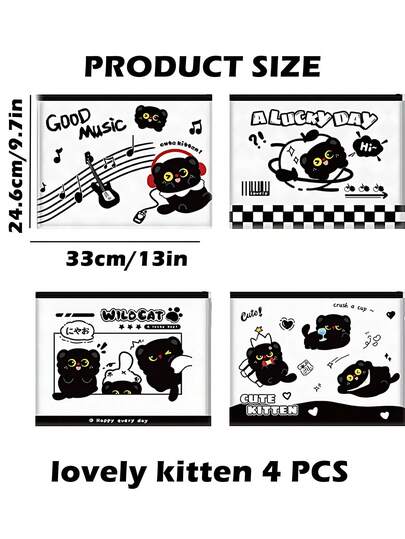 4 Packs Cute Black Cat A4 File Folders, Kawaii Clear Zipper Pouches, Waterproof Document Bags, Large Capacity Cute Kitten Print Stationery Organizers For School Office, Clear Organizers, Cute Kitten Print, School Office Supplies Set