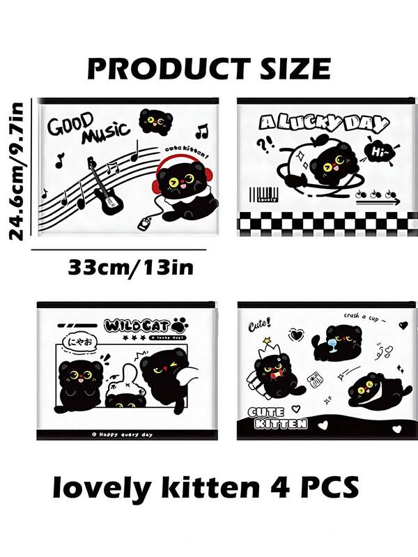 4 Packs Cute Black Cat A4 File Folders, Kawaii Clear Zipper Pouches, Waterproof Document Bags, Large Capacity Cute Kitten Print Stationery Organizers For School Office, Clear Organizers, Cute Kitten Print, School Office Supplies Set,Back To School Season