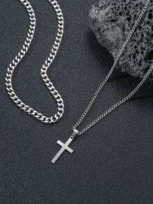 2pcs/Set Kalung Liontin Salib Stainless Steel Serbaguna Gaya Hip-Hop untuk Pria, Cocok untuk Pemakaian Sehari-hari, Perjamuan, Pesta, Klub Malam, dan Berbagai Acara - Perak - View 4