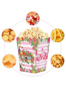 10pcs/20pcs/30pcs Cajas de palomitas de maíz de papel Aloha hawaiano rosa, contenedores de aperitivos con diseño tropical de flamenco, tucán, flores y rayas, parte superior 3.14in parte inferior 2.36in altura 4.3in Cajas de recuerdos para fiesta Luau, verano, playa, piscina, fiesta de cumpleaños tropical, suministros para barbacoa - Multicolor - Ver 3