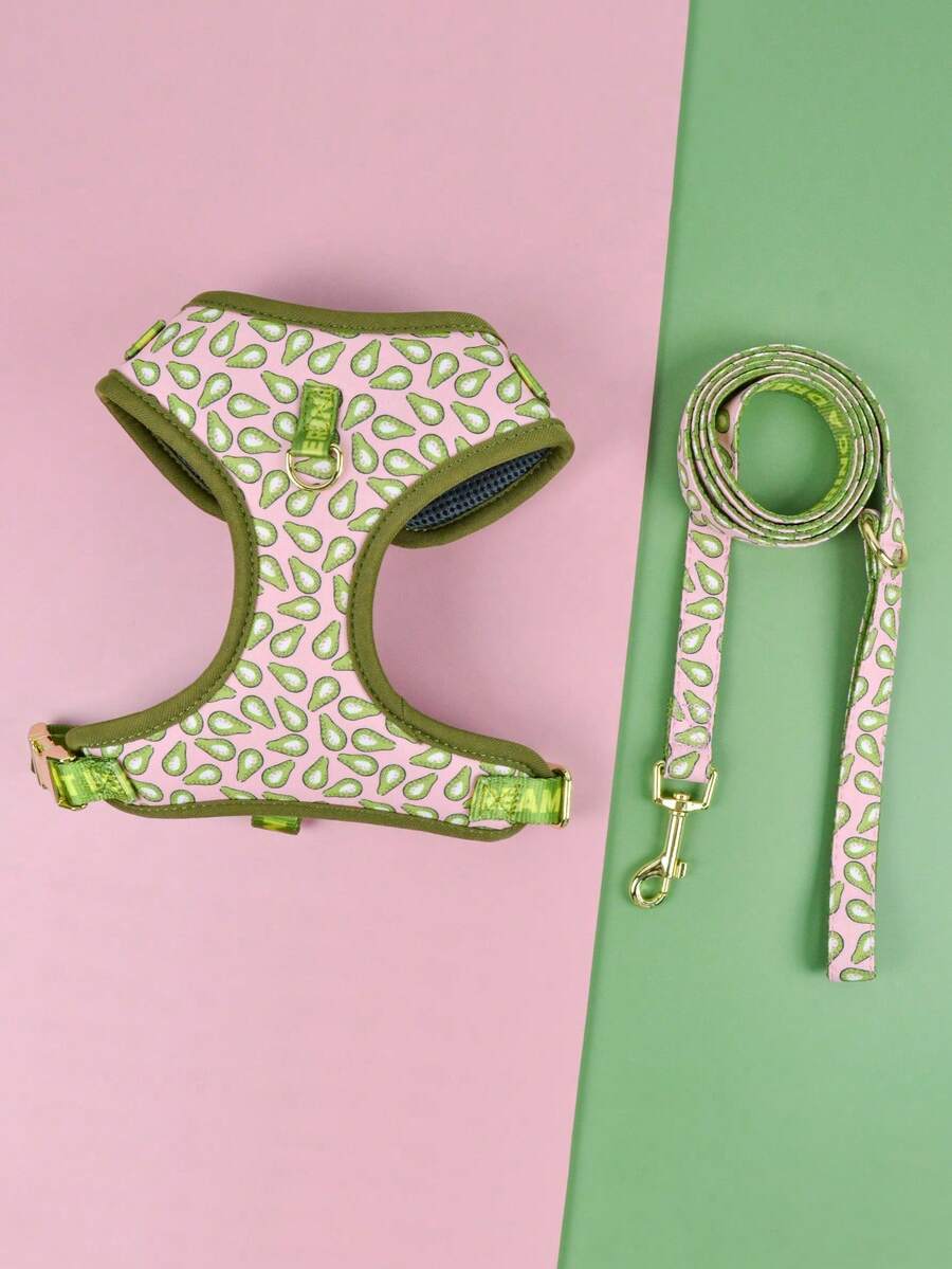 2pcs Blue & Green Avocado Pattern Dog Harness And Leash Set, Small & Medium Dog Chest Harness, Dog Leash, Pet Leash Set, Suitable For Daily Outings, Outdoor Activities, Camping, Walking, Photography, Perfect Dog Gift