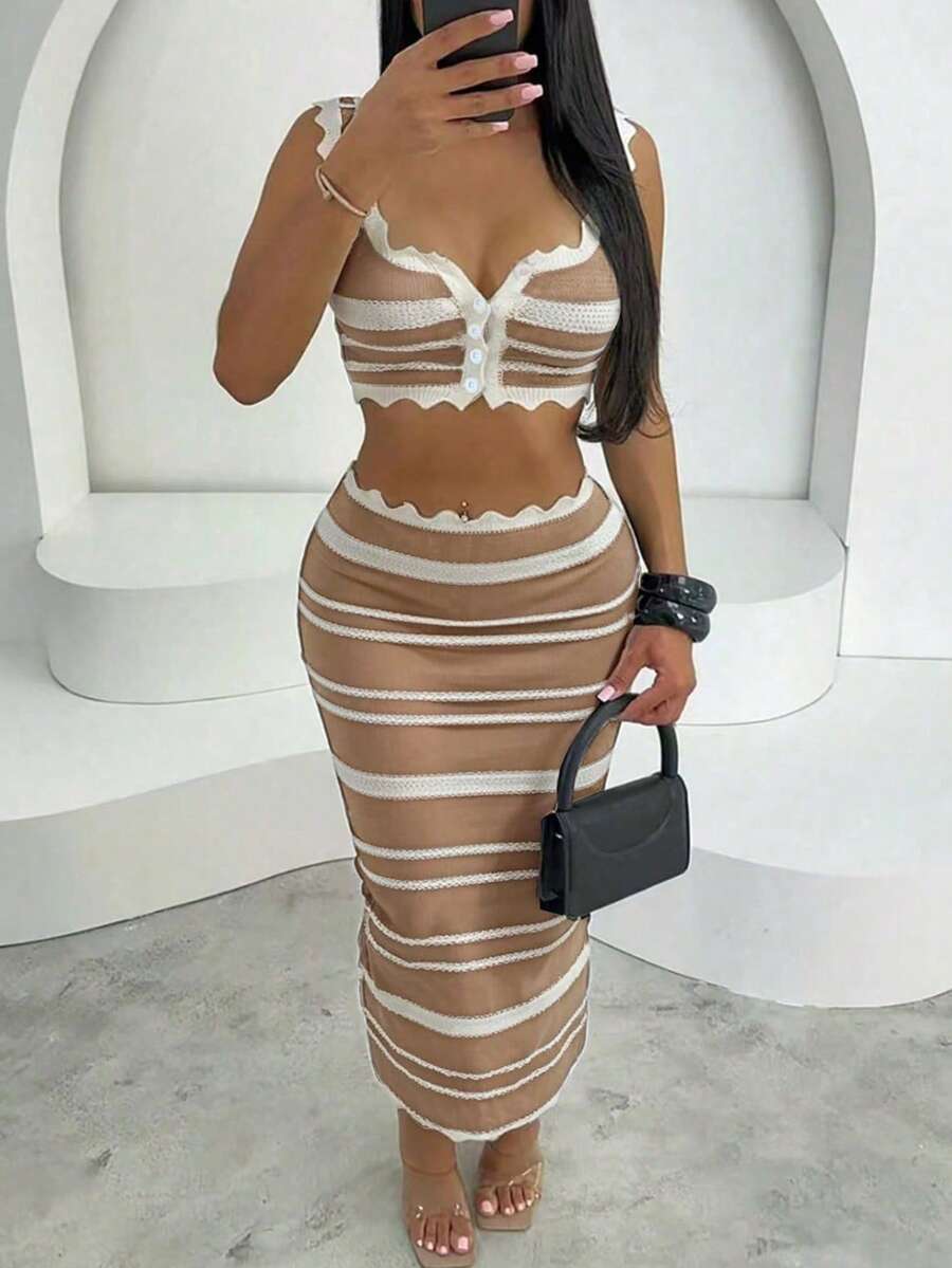 BohoFeel 2Pcs Set Colorblock Stripe Knitted Button Front Square Neck Crop Cami Tank Top & Ruffle Trim Crochet Long Skirt Beach Outfit - Coffee Brown - View 1