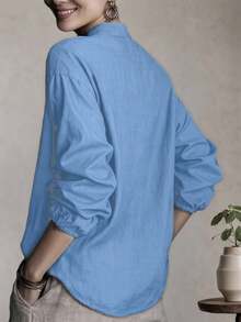 Camisa de lino de unicolor holgada para mujer, de manga 3/4, tejido de caída de hombros, cuello alto, longitud de manga hasta la muñeca, abotonadura delantera, casual minimalista, elegante retro, versátil para vacaciones, Navidad, Halloween - Azul - Ver 5