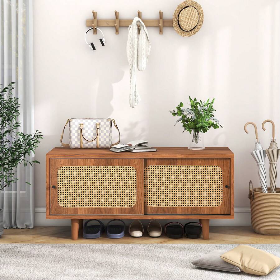 Scarpiera in rattan con 2 ante / Scarpiera moderna / con ripiano regolabile / Scarpiera elegante / Facile da pulire e montare / Per ingresso, soggiorno e camera da letto, 104*40*48 cm - Noce - Visualizzare 1