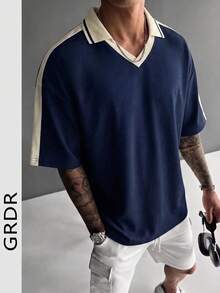 GRDR Men's Fashion Loose Short Sleeve T-Shirt | Exquisite Design | Summer Essential | Easy To Match | Show Off Your Style - Navy Blue - View 3
