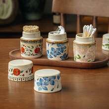 1pc Vintage-Style Floral Ceramic Toothpick Holder (With Lid) – A Decorative Storage Jar Featuring A Rustic, Country-Inspired Floral Pattern, Perfect For Kitchen Countertops Or Bathroom Vanities. - View 4