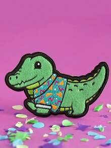 1pc Fuzzy Crocodile Iron-On Patch, Cute Alligator With Retro Shirt Embroidered Patch - Multicolor - View 7