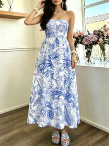 Vestido Maxi Tubo Elegante de Fiesta Casual con Estampado Completo y Plisado para Vacaciones de Verano para Mujer - Azul - Ver 6