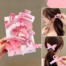 This Set Of 8 Hair Clips Features Floral, Butterfly, And Geometric Patterns, In Pink And Solid Color Gradients. Suitable For Both Girls And Women, These Are Essential Items For Everyday Hairstyles, Suitable For All Seasons - One Size - View 4