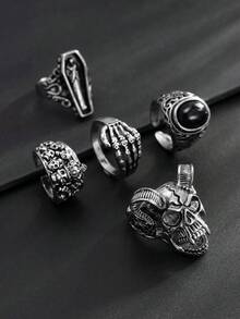 5pcs Punk Style Skull & Gemstone Decorated Ring Set For Men, Party Accessory - Antique Silver - View 1
