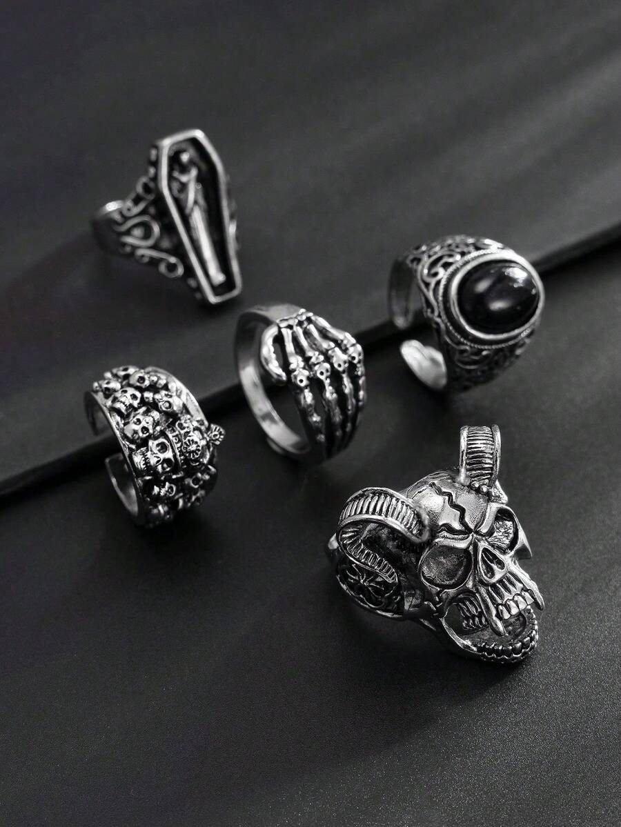 5pcs Punk Style Skull & Gemstone Decorated Ring Set For Men, Party Accessory - Antique Silver - View 1