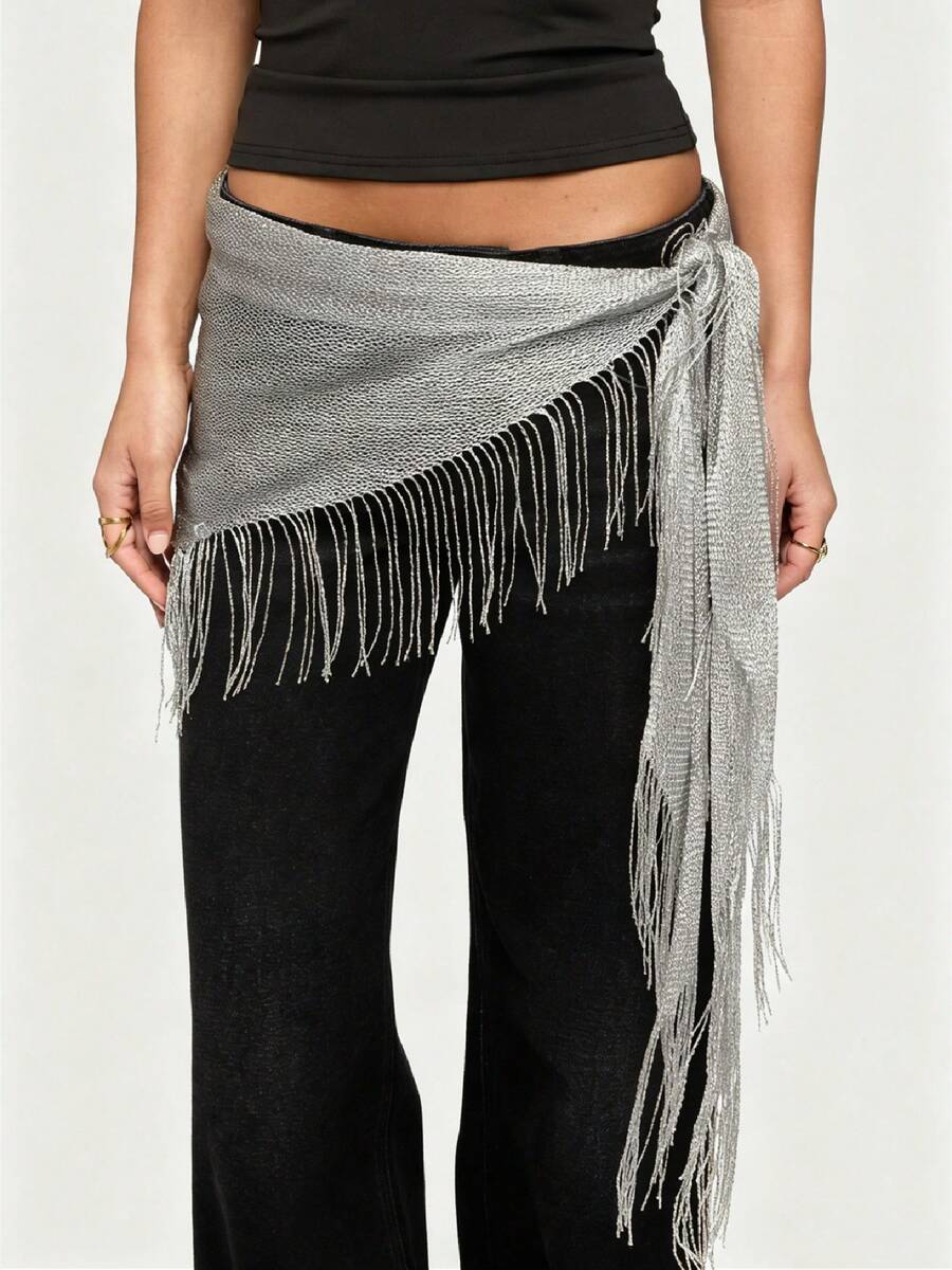 Women Belly Dance KnittingTassel Hip Scarf Triangle Belt Wrap Skirts Music Festival Sheer Mesh Waist Chain - 灰色 - 查看 1