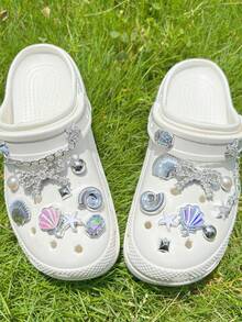 20pcs Silver Ocean Series Shoe Charms, Shell, Starfish, Bow DIY Accessories, Charm Set For Perforated Slippers - Silver Seashell - View 7