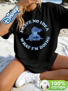 Disney Lilo & Stitch Graphic Tee, Casual Crew Neck Top With Stitch "I Have No Idea What I'm Doing" Quote Print, Great For Fans And Casual Outfits - 黑色 - 查看 1