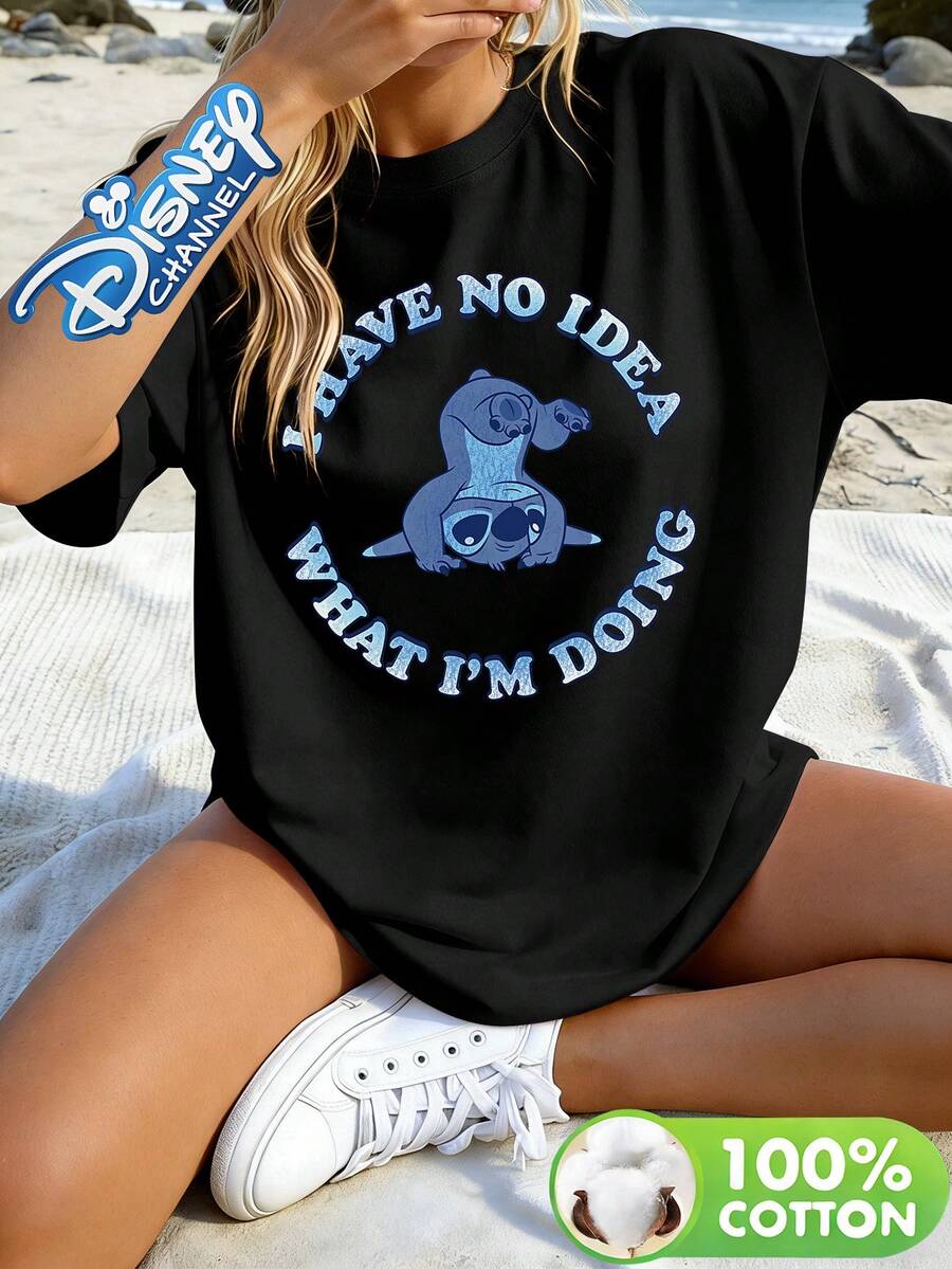 Disney Lilo & Stitch Graphic Tee, Casual Crew Neck Top With Stitch "I Have No Idea What I'm Doing" Quote Print, Great For Fans And Casual Outfits - 黑色 - 查看 1