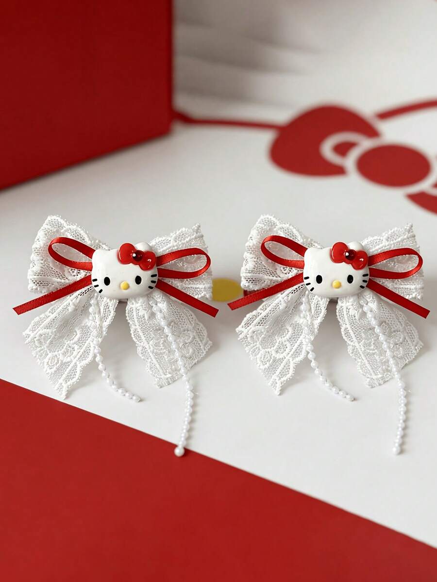 SANRIO 2个蕾丝蝴蝶结Hello Kitty系列发夹，可爱卡通发饰，色彩缤纷，时尚百搭，适合日常佩戴、返校礼物、情人节、母亲节、生日派对装饰