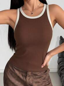 1pc Women's Basic Minimalist Casual Contrast Trim Ribbed Knit Tank Top, Round Neck Sleeveless Slim Fit Brown Camisole - Coffee Brown - View 6