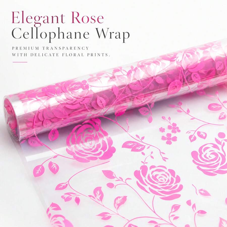 Hot Pink Rose Print Transparent Cellophane Wrap Roll, Floral & Gift Wrapping Film For Bouquets, Party Favors & DIY Crafts - View 1