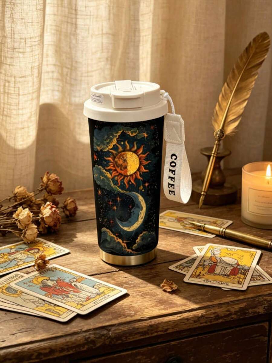 1个/5个装 500毫升星空日月图案保温咖啡杯，带翻盖和“COFFEE”字样提手，304不锈钢防漏旅行杯，冷热饮皆宜，是送给占星爱好者的完美礼物