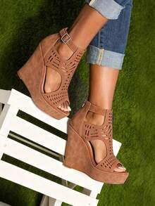 Summer Platform Wedges High Heels Women Sandals Hollow Out Fashion Thick-Soled Vacation Minimalist Bohemian Zip Comfy Shoes - 棕色 - 查看 1