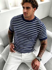 GRDR Men's Minimalist Striped Basic Crew Neck Short Sleeve Knit Sweater, Spring/Summer - Black - View 11