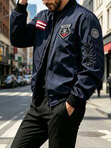 Men's Navy Blue Aviator Jacket, Embroidered Patch Design, Casual Zip-Up Baseball Jacket - Royal Blue - View 6
