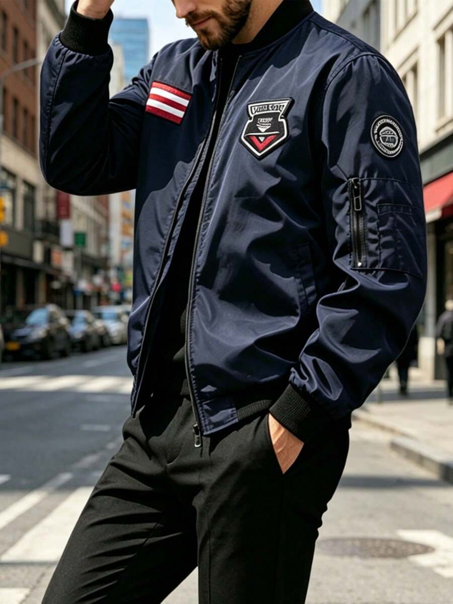 Men's Navy Blue Aviator Jacket, Embroidered Patch Design, Casual Zip-Up Baseball Jacket - Royal Blue - View 1