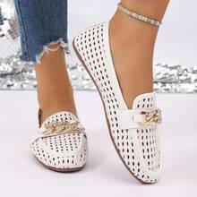 Spring New Women's Chain Loafers, British Soft PU Penny Loafers Slip-On Flat Shoes - White - View 5