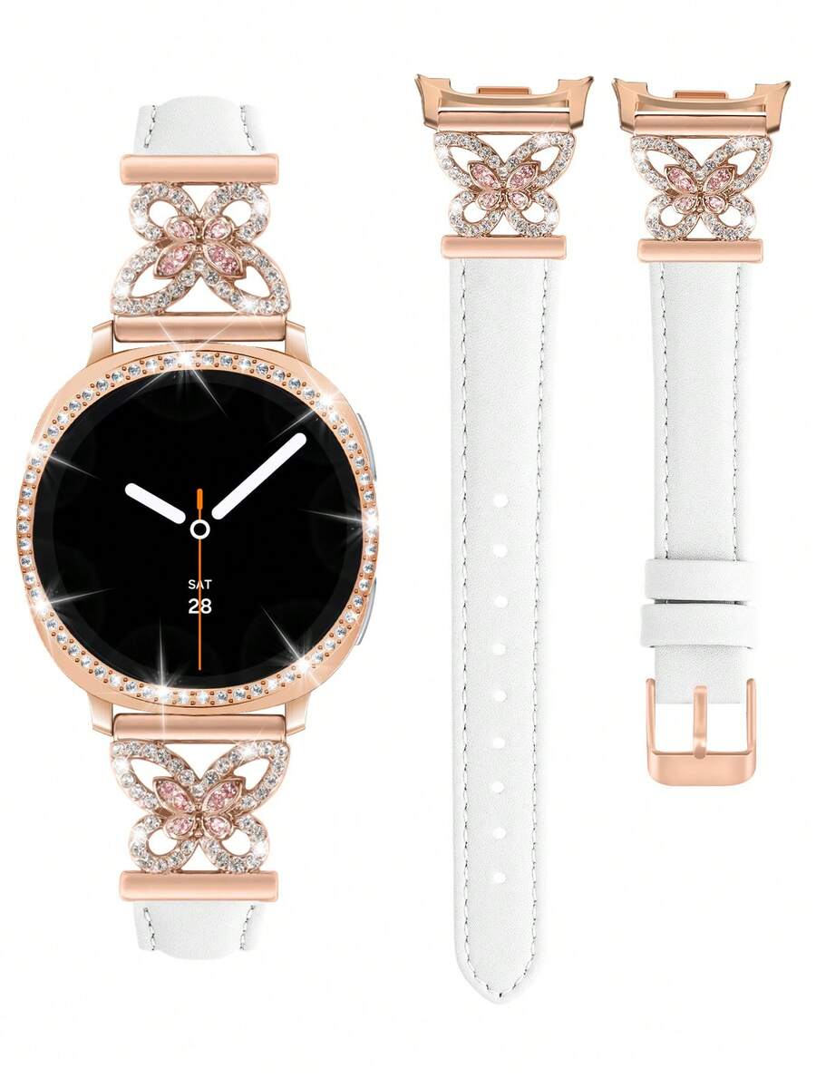 Galaxy Watch 8 錶帶 + 錶殼，1件白色女士珠寶鑲嵌人造鋯石金屬優雅錶帶 + 1件亮面款式（不含螢幕保護貼），適用 Galaxy Watch 8 40mm 與 44mm 錶殼，相容 Galaxy Watch 8 錶帶，可調節替換錶帶配件，適合男女運動錶帶