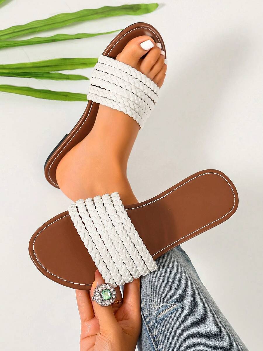 European & American Style Solid Color Woven Slide Sandals For Women, Open Toe Slip-On Flat Casual Sandals For Commuting And Vacation - White - View 1