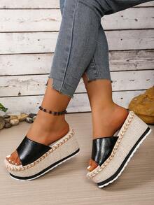 New Fashion Single Strap Wedge Sandals, Casual Slip-On, Outdoor Wedge Sandals, Anti-Slip Anti-Odor Lightweight Slippers, Valentine's Day Gift - Black - View 4