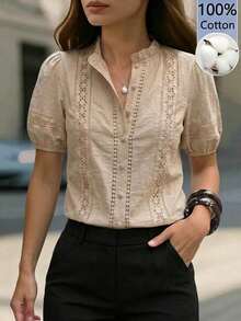 Camisa casual de mujer de color marrón, 100% algodón, decorada con bordados, ribete de volantes y de un solo pecho, camisa elegante de damas de color marrón, camisa marrón calada, est - Albaricoque - Ver 1