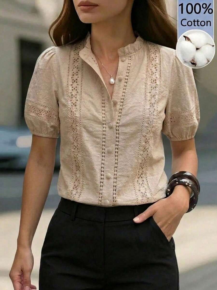 Camisa casual de mujer de color marrón, 100% algodón, decorada con bordados, ribete de volantes y de un solo pecho, camisa elegante de damas de color marrón, camisa marrón calada, est - Albaricoque - Ver 1