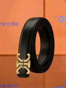 1pc Women Retro Double Arc Interlock Gold Metal Buckle Belt, Smooth Slim PU Waist Strap, Versatile Accessory For Jeans Dresses Daily Outfits - Multicolor - View 1