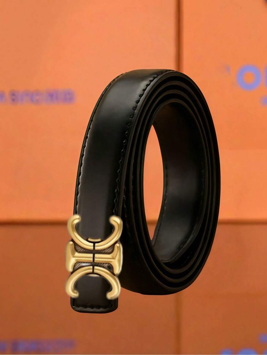 1pc Women Retro Double Arc Interlock Gold Metal Buckle Belt, Smooth Slim PU Waist Strap, Versatile Accessory For Jeans Dresses Daily Outfits - Multicolor - View 1