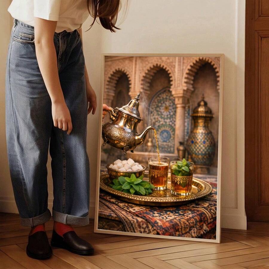 1 pieza Cuadro de arte de pared de té de menta marroquí, impresión de tetera tradicional & azulejo de mosaico, pintura en lienzo, póster de estilo árabe vintage, decoración cultural exótica para cocina & comedor, regalo para ella, sin marco o con marco - té islámico - Ver 1