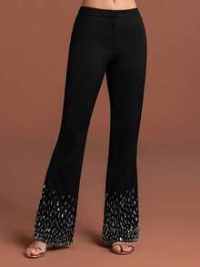 Women Black Sequin Embellished Collar Blazer And Bell Bottom Pants Suit Set With Buttons For Elegant Evening Wear - Black - View 7