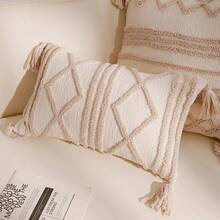 1個幾何條紋刺繡抱枕套，極簡Ins風聚酯纖維雪尼爾布環紗刺繡枕套，適用於客廳、臥室、沙發、汽車、家居裝飾替換套 - 米色菱形 - 查看 5