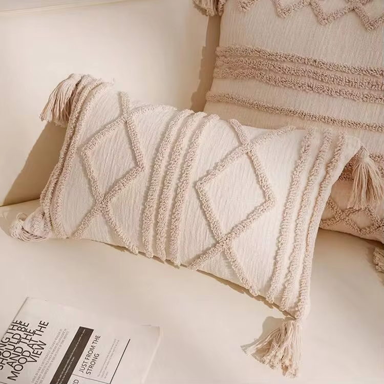 1個幾何條紋刺繡抱枕套，極簡Ins風聚酯纖維雪尼爾布環紗刺繡枕套，適用於客廳、臥室、沙發、汽車、家居裝飾替換套 - 米色菱形 - 查看 5