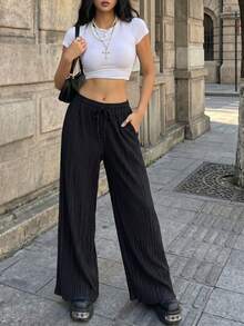 Women's Minimalist Solid Color Wide Leg Pants, Adjustable Elastic Drawstring Waist With Pockets, Suitable For Commuting, Daily Wear, Dating, Casual Outings - Black - View 4