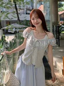 女款掛脖式 2 合 1 飛袖 T-shirt，夏季韓系甜美碎花綁帶上衣 - 灰色 - 查看 4