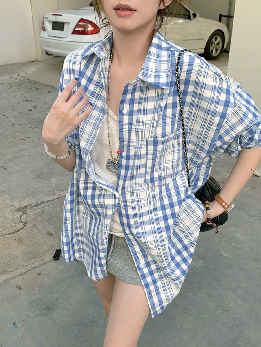 Korean Style Loose Fit Long Sleeve Plaid Shirt, Random Fabric Panels - Blue - View 1