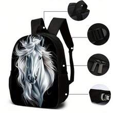 Elegante collezione di 3 pezzi a tema cavallo, composta da uno zaino, una borsa termica e un astuccio con cinghie regolabili, insieme a una spaziosa borsa a mano con cerniera, ideale per la scuola - 3 pezzi - Visualizzare 5