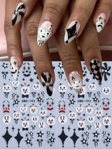 5D Cartoon Clown Nail Sticker 2pcs Black White Funny Clown Expression Star Heart Bow Spiral Line Design DIY Y2K Gothic Autumn Winter Halloween Festival Theme Self-Adhesive Decal Slider Nail Art Decoration Nail Supplies - Multicolor - View 2