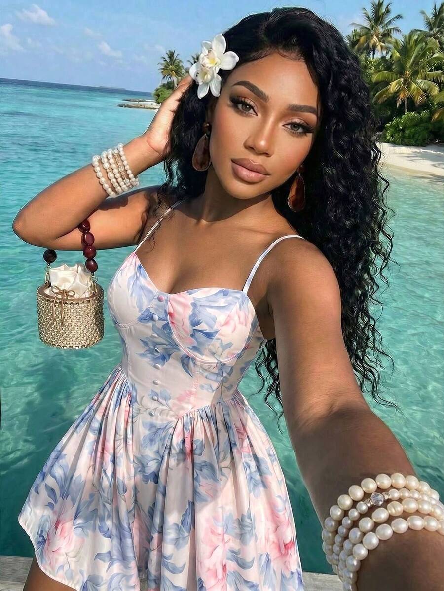 AIJ Amarilo Women's Elegant Sexy Party Fitted Mini Dress, With Non-Slip Striped, Ruched Button Ruched Design Spaghetti Strap Sleeveless, Suitable For Beach Vacation, Summer Outing And Daily Wear - Pink and Blue Flowers - View 1