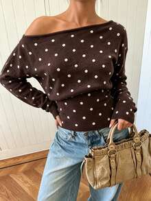 Women's Knitted Off-Shoulder Polka Dot Long Sleeve Pullover Sweater, Suitable For Autumn Wear - Brown - View 2