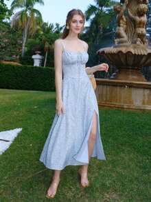 Vestido casual de verano elegante con estampado floral diminuto y tirantes sencillos para mujer - Azul - Ver 1