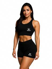 Women's Fitness Sets Top And Shorts Gym Clothing Swimmer Women's Fashion For The Gym - 黑色 - 查看 6